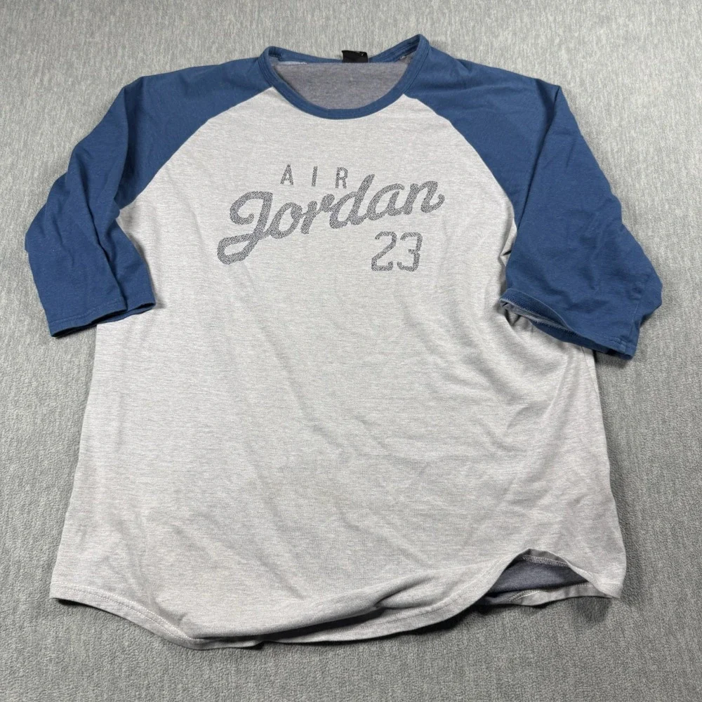 Air Jordan Shirt Mens 2XL Gray Blue 3/4 Sleeve Baseball Raglan Graphic 23 Retro
